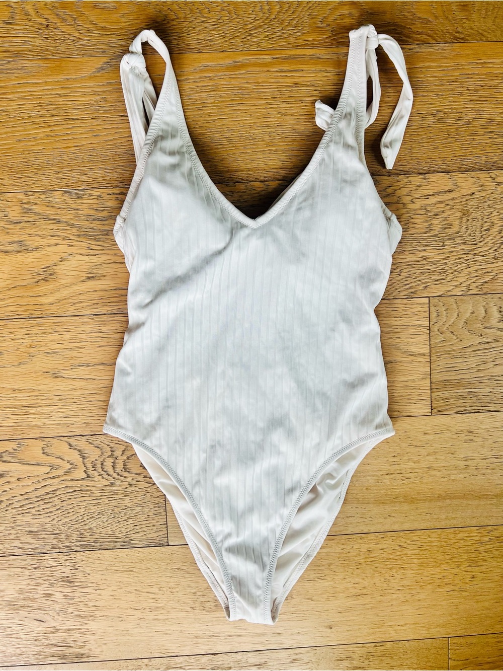 White Ribbed Tie-Shoulder One-Piece Swimsuit Medium